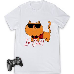 Jongens tshirt - grappige I'm Cool Cat print  - Maten 92 t/m 164 - Shirt kleuren wit en zwart.
