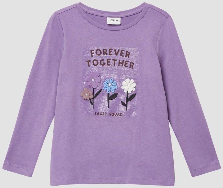 T-shirt - A-lijn - Lange Mouwen - Zacht - Glitterprint - 3D Bloemenapplicaties