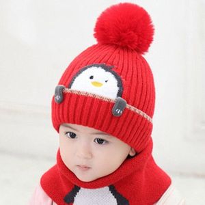 Muts en Sjaal - 1 Tot 4 Jaar - Kids Beanie Dikker - Kinderen - Cap - Leuke Pinguïn - Jongens - Meisjes - Winter - Set - Kleur Rood