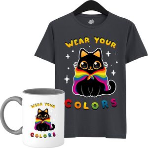 Schattige Pride Vlag Kat - Unisex T-Shirt Mannen en Vrouwen - LGBTQ+ Suporter Kleding - Gay Progress Pride Shirt - Rainbow Community - T-Shirt met mok - Unisex - Mouse Grijs - Maat S