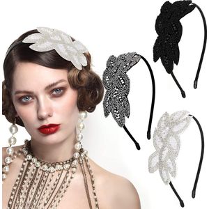 3 stuks flapper hoofddeksel kralen blad, jaren 20 hoofdbanden voor vrouwen strass haarband jaren 1920 haaraccessoires Kerstmis Valentijnsdag cadeau (zwart, zilver, wit)