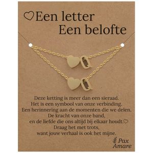 Letter Q ketting + armband set op Cadeau Kaartje - Een letter, een belofte - Goudkleurig Stainless Steel - Initiaal & Hartje Hanger - Pax Amare