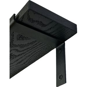 GoudmetHout - Massief eiken wandplank - 180 x 20 cm - Zwart Eiken - Inclusief industriële plankdragers l-vorm mat zwart - lange boekenplank