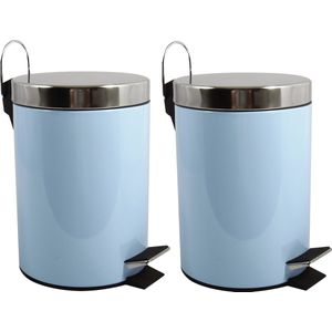 MSV Prullenbak/pedaalemmer - 2x - metaal - pastel blauw - 3 liter - 17 x 25 cm - Badkamer/toilet