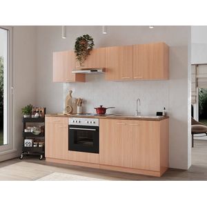 Goedkope keuken 210  cm - complete keuken met apparatuur Gerda  - Beuken/Beuken  - elektrische kookplaat  - afzuigkap - oven  - spoelbak