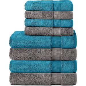 Komfortec Handdoekenset – Set van 8 - 4x Handdoek 50x100 cm en 4x Badhanddoek 70x140 cm - 100% Katoen - Turquoise&Antraciet
