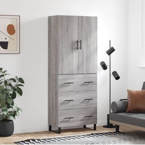The Living Store Hoge kast - Grijs Sonoma Eiken - Bewerkt hout en metaal - 69.5 x 34 x 180 cm - Opbergruimte - praktische deuren