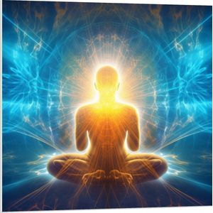 PVC Schuimplaat- Mediteren - Meditatie - Lotushouding - Blauw - Oranje - 80x80 cm Foto op PVC Schuimplaat