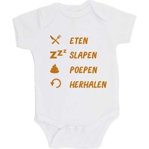 100% katoenen Romper bedrukt met grappige tekst Kado Cadeau Kraamkado Kraamcadeau ""Eten Slapen Poepen Herhalen Unisex Katoen Wit/tan Maat 56/62