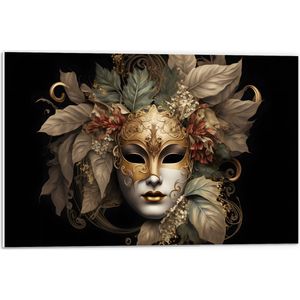 PVC Schuimplaat- Venetiaanse carnavals Masker met Gouden en Beige Details tegen Zwarte Achtergrond - 60x40 cm Foto op PVC Schuimplaat