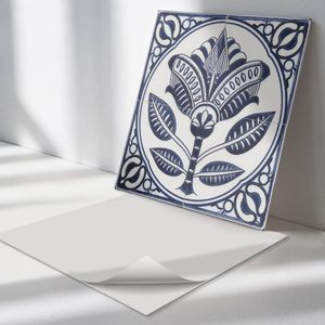 Wallfluent Vinyl Wandpaneel - Bloemenkeramiekpatroon Zelfklevend Wandpaneel - 50 cm x 50 cm - Blauw PVC wandpaneel - Set van 4 - Vierkant Wandbekleding Vinyl - Bloemen Wandpaneel - PVC Muurpaneel - Wandpaneel Keuken en Badkamer