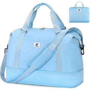 Opvouwbare reistas, groot, waterdichte sporttas voor dames en heren, handbagage, gymtas, weekendtas, reistas, duffle bag voor vliegtuig, reizen, fitness, gym, met trolley-sleeve, lichtblauw