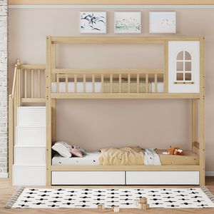 Pugsdrly Stapelbed kinderbed 90*200 cm, massief houten tweepersoonsbed, huisvorm met ramen, veiligheidshek, met opberglades en veiligheidsladder, jongens-meisjesbed, tienerbed, houtkleur