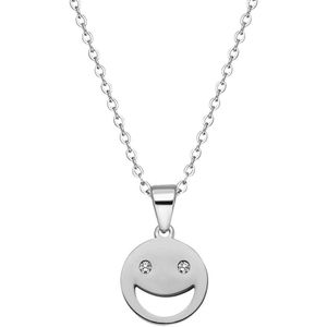 Lucardi - Dames Stalen ketting smiley met roze zirkonia - Ketting - Staal - Zilverkleurig - 47 cm