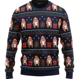 JAP Christmas Kersttrui (maat 3XL) - 100% Gerecycled - Kriebelt niet - Kerstcadeau volwassenen - Foute Kersttrui dames en heren XXXL - Beer met geschenk - Donker blauw