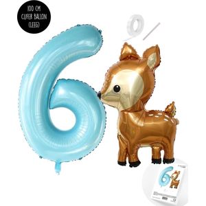 Snoes - Bambi Basis ballon set XXL Cijferballon Baby Blue 6 - Lief Hert + Cijfer Ballon 6 Jaar - Helium Geschikt