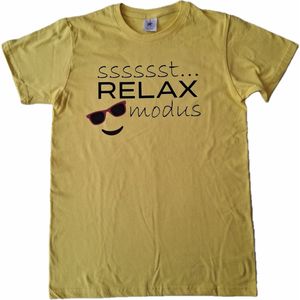 Geel t-shirt met ""Sssssst... Relax modus"" - maat 2XL - vakantie, weekend, rust, rustig, relaxen, shirt, t-shirt, zonnebril, zonnebrilletje, XXL
