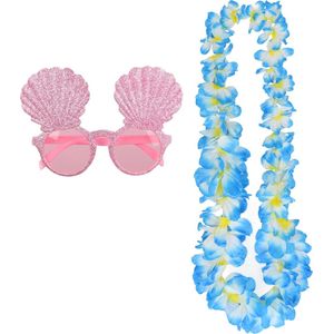 Tropische Hawaii party verkleed accessoires set - schelpen zonnebril - en bloemenkrans blauw - voor dames