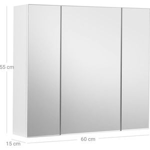 Spiegelkast Simone - Badkamerkast - 3 Deurs - 60x15x55cm - met Verstelbare Planken - Modern Wit