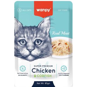 Wanpy - Natvoer Kip & Kabeljauw- Super Premium - Kattenvoer - Voordeelbundel 12 stuks