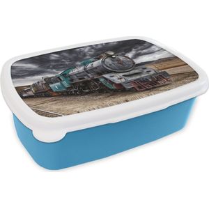Broodtrommel Blauw - Lunchbox - Brooddoos - Trein - Storm - Rails - 18x12x6 cm - Kinderen - Jongen