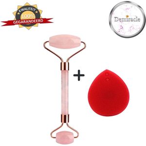 Demiracle Rose Quartz Face Roller met Rode Siliconen Gezichtsborstel - Valentijnsdag - Cadeau - Gezichtsroller - Massage Roller - Jade Roller - Rimpelverwijdering - Ontspanning - Kwaliteit