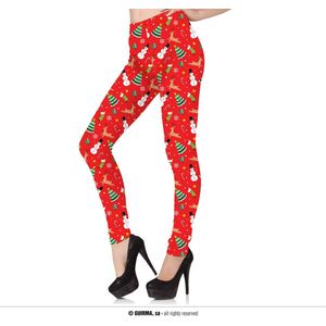 Guirma - Kerst & Oud & Nieuw Kostuum - Legging Kerst Rood Met Print Vrouw - Rood - Maat 42-44 - Kerst - Verkleedkleding