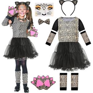 Luipaardkostuum voor kinderen, meisjesdierenkostuums, kattenkostuum kinderen, luipaardrok kinderen, jurk bruin dier, dierenkostuum, cosplay, luipaardkostuum, carnavalskostuums kinderen voor , L