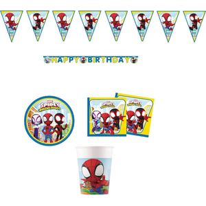 Spidey & Friends - Spiderman - Feestpakket - Kinderfeest - Voordeelpakket - Bekers - Bordjes - Servetten - Vlaggenlijn - Happy Birthday slinger.
