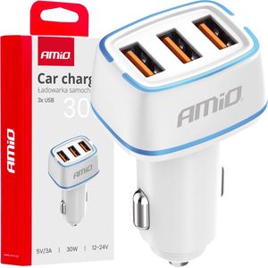 AMiO Autolader Telefoon 3x USB-A 3.1A 12/24V Wit