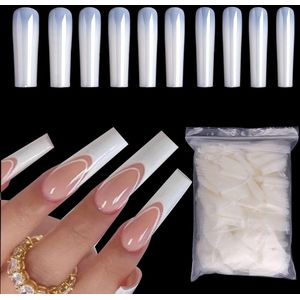500 Pcs French False Nails - Long Coffin Fake Nails Tips - 10 Sizes Acrylic Nail Tips voor DIY Nail Decoraties voor Vrouwen en Meisjes - Nail Salons - Wit