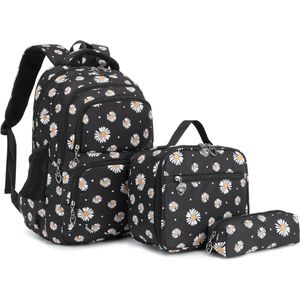 Ultiluxe® Rugzak met bloemen 3 stuks - Zwart/wit - 30 x 17 x 44 cm - Rugtas, lunchtas, etui - 15.6 inch laptoptas - Schoolrugzak voor kinderen - Meiden school tassen set - 22 L - Schooltas voor meisjes - Madeliefjes schoolrugtas