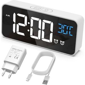 Digitale Wekker met Temperatuur, 2 Alarmen, Snooze-functie, USB Oplaadpoort en Helderheidsniveaus