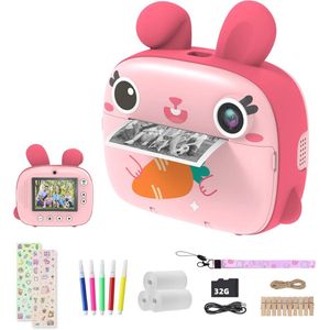 CAMCLID Kindercamera, instant camera, voor kinderen met 3 rollen thermisch papier en 32G SD-kaart, 2,4 inch scherm digitale camera en videocamera, fotocamera, cadeau voor meisjes en jongens (roze)