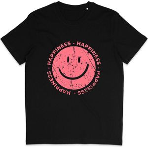 Grappig Dames en Heren T Shirt - Happiness Gelukkig - Roze Smiley -Zwart - 3XL