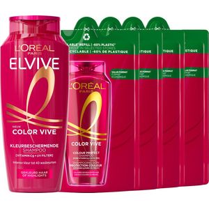 L'Oréal Paris Elvive Color Vive Shampoo & Refill - Gekleurd haar of highlights - Behoudt de kleurintensiteit en levendigheid van de kleur - Hervulbaar - Navul verpakking - 5x 250ml