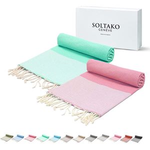 SOLTAKO XXL 2X Fouta strandhanddoek handdoek saunahanddoek badhanddoek hamamdoek yoga deken pestemal in kersenbloesemroze & mint kleuren als 2-delige cadeauset extra groot, 100 x 200 cm