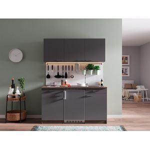 Goedkope keuken 150  cm - complete kleine keuken met apparatuur Oliver - Donker eiken/Grijs - keramische kookplaat  - koelkast  - mini keuken - compacte keuken - keukenblok met apparatuur