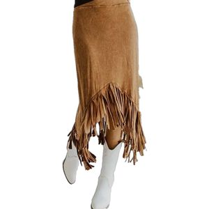 Dilena fashion rok lang western franjes suedine camel