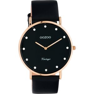 OOZOO Vintage series - rosé goudkleurige horloge met zwarte leren band - C20249 - Ø40