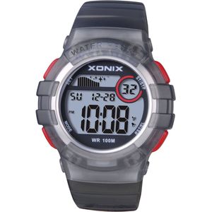 Xonix KA-B06 - Horloge - Digitaal - Heren - Mannen - Rond - Siliconen band - ABS - Cijfers - Schermverlichting - Alarm - Start-Stop - Tweede tijdzone - 12h/24H - Waterdicht - Zwart/Grijs/Transparant - Zilverkleurig - Rood