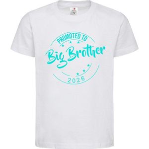 Shirt Aankondiging zwangerschap Promoted to Big Brother 2026 | korte mouw | Wit/aquablauw | maat 122/128 zwangerschap aankondiging bekendmaking Baby big bro brother Grote Broer
