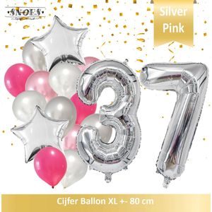 Cijfer Ballon 37 Jaar Zilver Roze White Pearl Boeket * Hoera 37 Jaar Verjaardag Decoratie Set van 15 Ballonnen * 80 cm Verjaardag Nummer Ballon * Snoes * Verjaardag Versiering * Verjaardag Decoratie * Silver Pink Pearl White* Nummer Ballon 37