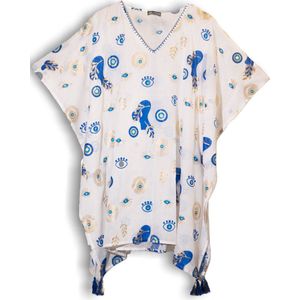Nomad Sari On the Med Collectie - Kaftan - Wit, Blauw & Goud Boze Oog Ontwerp