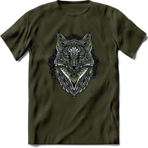 Vos - Dieren Mandala T-Shirt | Groen | Grappig Verjaardag Zentangle Dierenkop Cadeau Shirt | Dames - Heren - Unisex | Wildlife Tshirt Kleding Kado | - Leger Groen - S