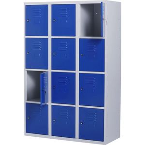 Lockerkast metaal met slot - 12 deurs 3 delig - Grijs/blauw - 180x120x50 cm - LKP-1062
