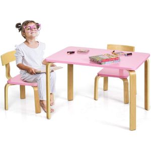 Houten kinderzitgroep met 1 kindertafel en 2 stoelen, kindermeubels met afgeronde hoeken en randen, kindertafel en stoelen voor thuis, klaslokaal, kleuterschool (roze)