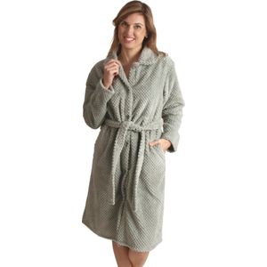 Badjas met knopen – groene badjas voor dames - dames badjas fleece – met knoopsluiting – zacht & warm - olijfgroen - maat L