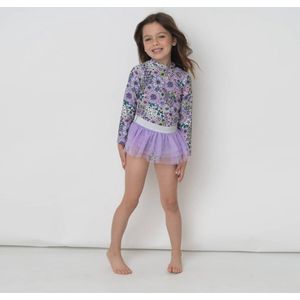Zwemkleding voor meisjes | UV-bescherming | Paars | Bloemenprint | Tweedelig set inclusief Tutu | Maat 110 | 5 jaar