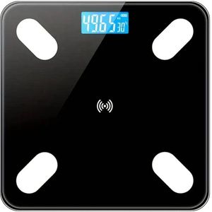 Elektronische Personenweegschaal - Multifunctioneel met Temperatuurmeter - Max 180kg - Oplaadbaar - 4 Hoge Precisie Sensoren - Gehard Glas - Zwart